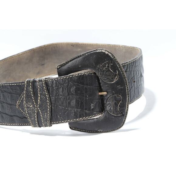 Vintage Black Croco Embossed Leather Oversized Buckle Belt Classic Chic Size M main image 5